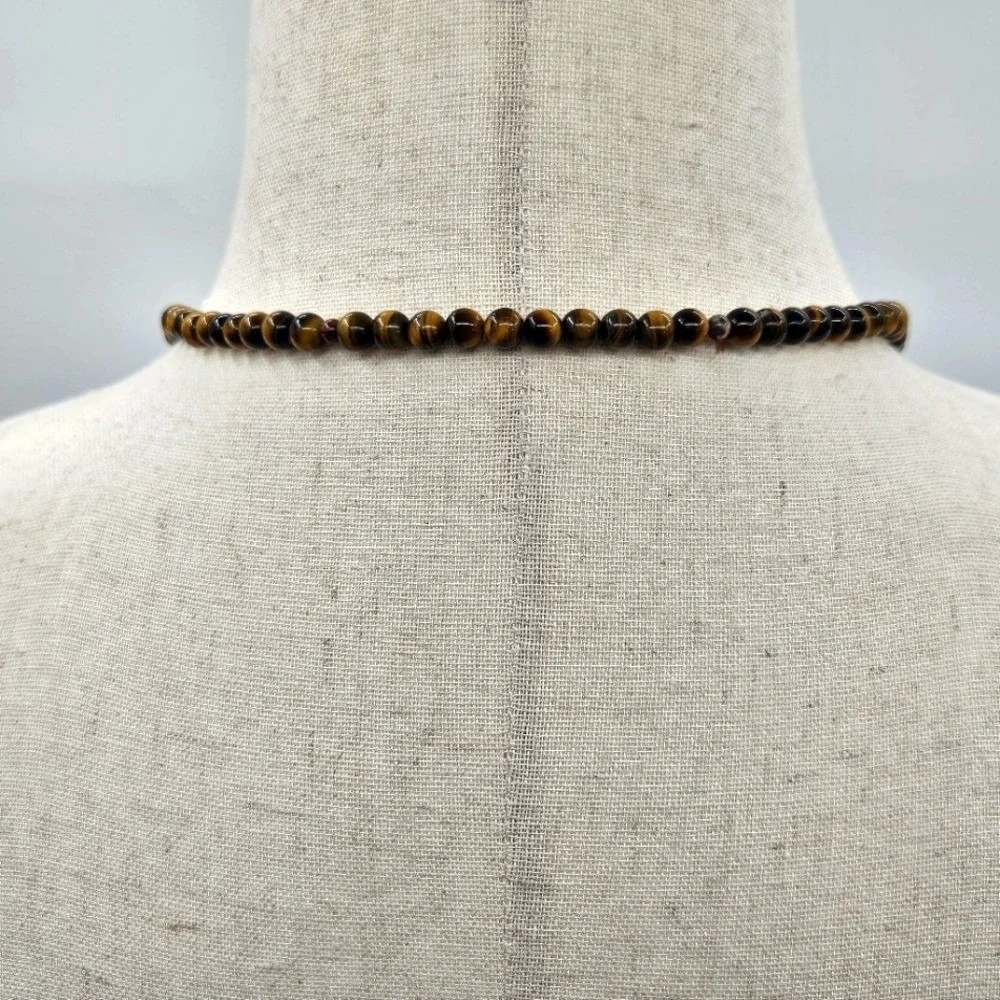 Natural Tigers‎ Eye Beaded Necklace 6mm Round Gemstone Strand Brown Gold Unisex - Picture 3 of 5